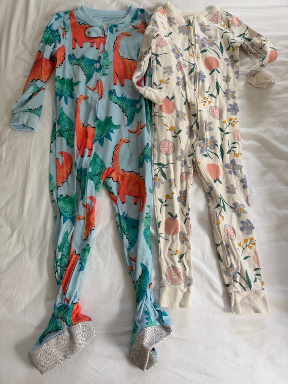 Carter's Light Blue Dinosaur & Cream Floral Footed One-Pieces (2-Pack Look)